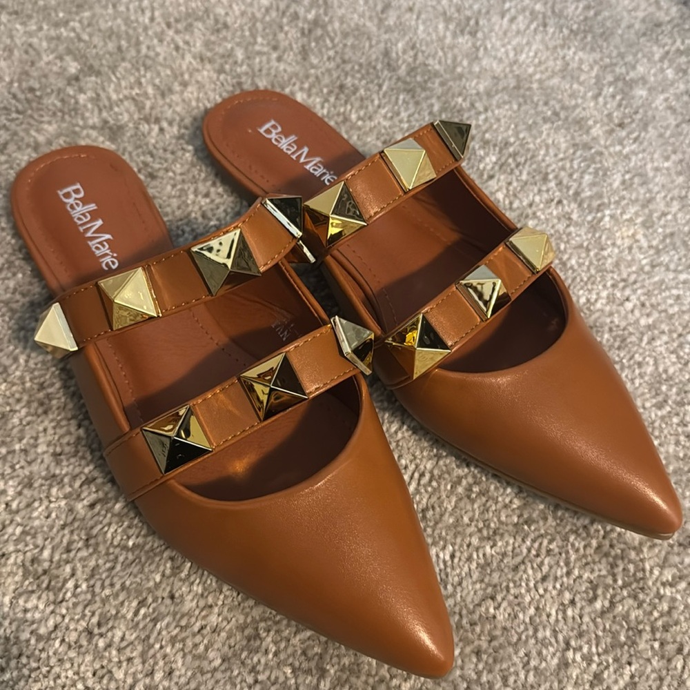 Tan and Gold Studded Flats